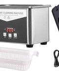 Professional Ultrasonic Jewelry Cleaner Machine With Thirty Five Watt Motor And Zero Point Eight Liter Tank Featuring Five Adjustable Speeds Plus Digital Timer, showing controls and basket.