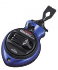 Contractor Grade Ultra Thin Chalk Line With 100 Ft Premium Braided Line Smooth Gear Drive Winding Palm Sized Durable Die Cast Aluminum Case Fast Accurate Layout Tool for Pros Blue, showing front view of die-cast aluminum case.