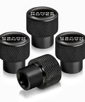 Black metal tire valve caps for cars with Range Rover logo, prevent water and dust, keep tire pressure stable, 4PCS set displayed.