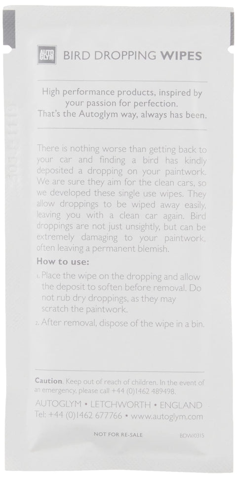 Front view of Bird Dropping Wipes 10 Pack sachet detailing product use and caution.