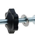 Side view of Eight Sets T Track Knob Kit with Galvanized Iron Screws One Quarter Twenty by Two Inches and One Quarter Inch Black Hex Nut