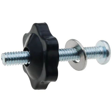 Side view of Eight Sets T Track Knob Kit with Galvanized Iron Screws One Quarter Twenty by Two Inches and One Quarter Inch Black Hex Nut