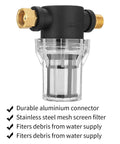 Premium Garden Sediment Filter For Pressure Washers And Transfer Pumps, heavy duty leakproof three quarters inch inlet shown