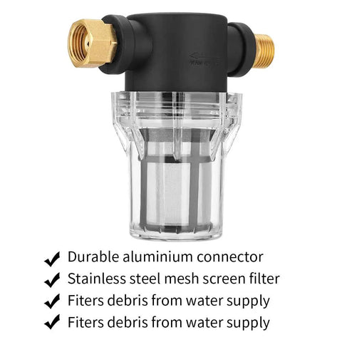 Premium Garden Sediment Filter For Pressure Washers And Transfer Pumps, heavy duty leakproof three quarters inch inlet shown