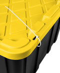 Top view of Six Pack Heavy Duty Stackable Industrial Totes Top Shelf Plastic Storage Bins With Secure Snap Lids Black and Yellow.