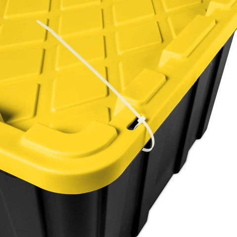 Top view of Six Pack Heavy Duty Stackable Industrial Totes Top Shelf Plastic Storage Bins With Secure Snap Lids Black and Yellow.