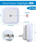 24 Pack LED Night Lights Plug In With Smart Dark Sensor Auto On Off, dimensions and sensor detail, easy wall plug in