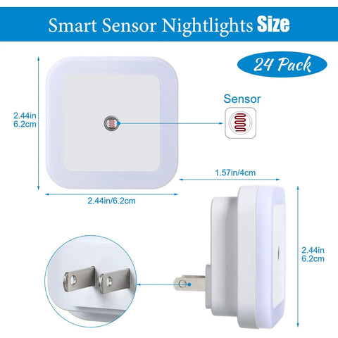 24 Pack LED Night Lights Plug In With Smart Dark Sensor Auto On Off, dimensions and sensor detail, easy wall plug in