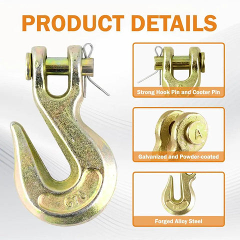 Heavy Duty Clevis Grab Hook 3/8 Inch Grade 70 Forged Steel with hook pin and cooter pin for strong hauling.