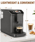 Top Shelf Fully Automatic Espresso Machine With Double Boiler And Built In Grinder, displaying coffee drinks and measurements.