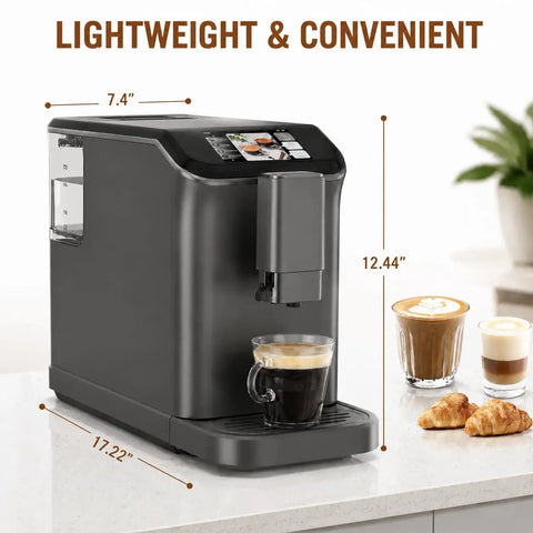 Top Shelf Fully Automatic Espresso Machine With Double Boiler And Built In Grinder, displaying coffee drinks and measurements.