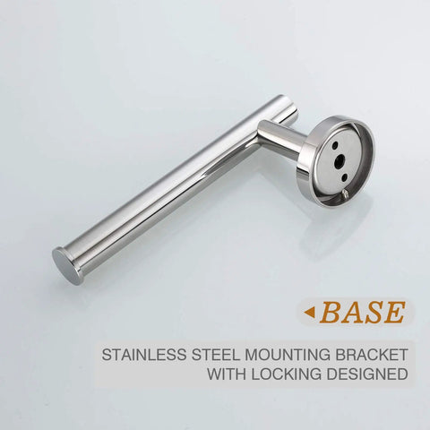 Close-up of polished chrome base of Polished Chrome Toilet Paper Holder And Towel Ring Bathroom Accessories Set For Modern Powder Room Dope Sturdy Build Durable SUS304 Stainless Steel Wall Mounted 2 Piece Kit.