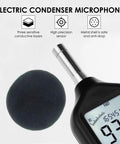 Go-To Digital Sound Level Meter with backlit display, showing decibel reading and microphone, ideal for classrooms and offices use.