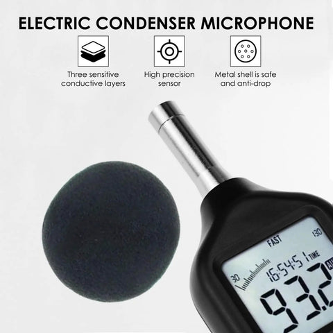 Go-To Digital Sound Level Meter with backlit display, showing decibel reading and microphone, ideal for classrooms and offices use.