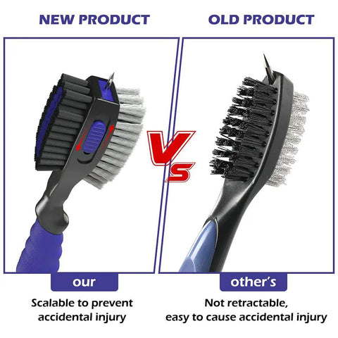 Two Pack Golf Club Brush With Oversized Head And Groove Cleaner next to an older version for comparison of features.