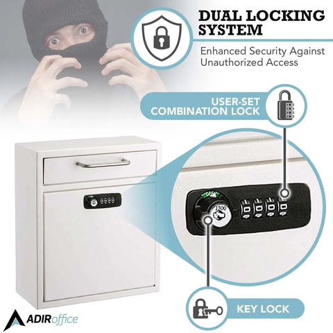 Secure Wall Mounted Mailbox Drop Box With Key Or Combo Lock Heavy Duty 16 Gauge Steel featuring dual locking system details.