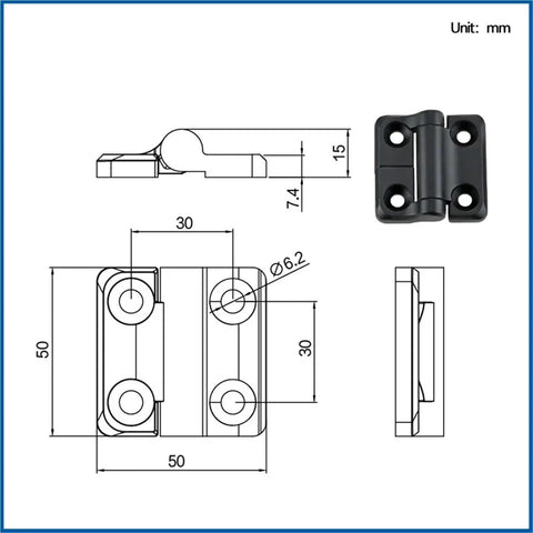 Front and side views of a black zinc-alloy torque hinge with stop for square damping hinges, 2.3 N·m.