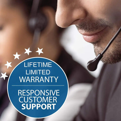 Customer support team with headsets offering lifetime limited warranty and responsive service.