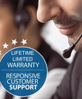 Close-up of customer support agents with headsets, emphasizing lifetime warranty and responsive support for Heavy Duty Outdoor Generator Extension Cord 50 Ft 30 Amp NEMA L14-30 UL Listed Four Prong Locking Plug 125/250V Robust Cable For Reliable Home Emergency Power And Camping Use.