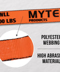 Close-up of 4 Pack 2 Inch Orange Ratchet Straps With Chain Anchors 4000 Lbs WLL showcasing high abrasion polyester webbing detail