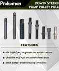 Pro Grade Power Steering Pulley Puller And Installer Kit parts on display with 45# steel and corrosion-resistant features