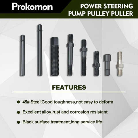 Pro Grade Power Steering Pulley Puller And Installer Kit parts on display with 45# steel and corrosion-resistant features