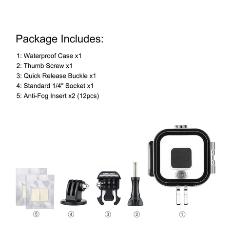 Waterproof Dive Housing For GoPro Hero 5 4 And Session With Bracket Accessories Ultra Clear Optical Glass Lens Delivers 98 Percent Light Transmission Depth Rating To 60m Salt Water Ready Underwater Case For Action Cameras package contents with case, screws, buckles, and inserts