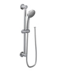 Chrome Eco Performance Handheld Shower with 24 Inch Slide Bar and 59 Inch Hose mounted on tiled wall