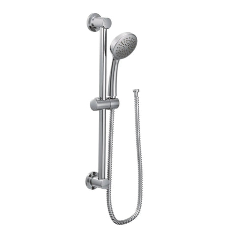 Chrome Eco Performance Handheld Shower with 24 Inch Slide Bar and 59 Inch Hose mounted on tiled wall