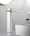 White Gold Waterfall Vessel Sink Faucet With Tall Deck Mount And One Hole Single Handle Vanity Lavatory Tap For Modern Baths Dope Finish Sleek Commercial Style Includes Supply Lines in white and gold next to a round sink.