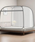 King Size Mosquito Net For Patio Bed Tent Portable Indoor Outdoor Use Durable Polyester Mesh For Camping Travel Dorm Rooms And Backyard Relaxation 87 By 79 Inch Grey installed on a wooden bed frame, shown in a room setting.