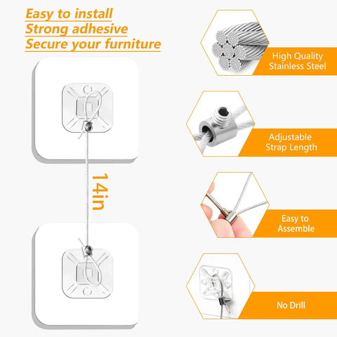 No Drill Metal Wall Anchors Bombproof Furniture Brackets For Baby Proofing And Locker Setup With Hella Strong Clear Tape Mount 10 Pack hardware components showcasing stainless steel anchors and adjustable strap.