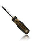 Built Tough Multi Bit Screwdriver Featuring Double Sided Magnetized Tips And Ergonomic MOA Grip, angled view with black and gold color scheme.