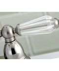 Close-up of handle on Four Inch Centerset Lavatory Faucet With Brass Pop Up Drain Brushed Nickel Finish Four Inch Spout Reach