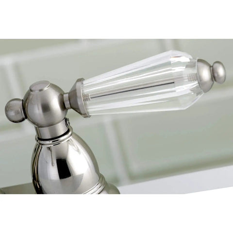 Close-up of handle on Four Inch Centerset Lavatory Faucet With Brass Pop Up Drain Brushed Nickel Finish Four Inch Spout Reach