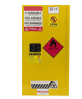 Built Tough Flammable Safety Cabinet With Fifteen Gallon Capacity Double Wall Steel Frame Integrated Key Lock For Hazardous Chemical Storage Lab Shop And Garage Ready Setup With Zero Fuss Durability - Close-up view of yellow cabinet with safety labels and key lock.