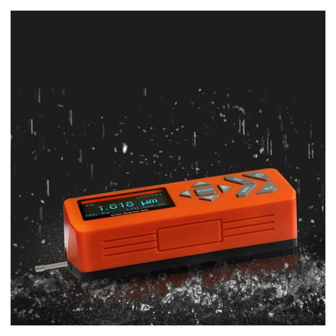 Top Tier Digital Surface Roughness Tester With Glare Free LCD Screen Portable Profile Gauge For Smoother Metal Jobs And Zero Hassle Production Line Checks in an orange body with water droplets.