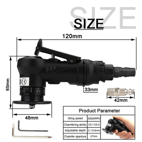 Mini pneumatic chamfering machine, black handheld air tool for metal beveling; includes hex keys