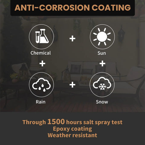 Anti-corrosion coating illustration showing chemical, sun, rain, and snow effects on Tough As Nails 2 Inch Deck Screws.