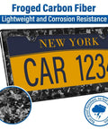 Fresh Dope Forged Carbon Fiber License Plate Frame with New York license, showing rugged texture and lightweight design.
