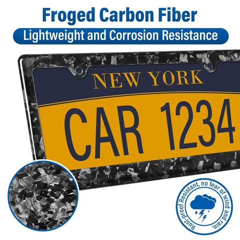 Fresh Dope Forged Carbon Fiber License Plate Frame with New York license, showing rugged texture and lightweight design.
