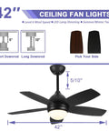 Coal Black DC Motor Ceiling Fan With Lights, Dope 42 Inch Modern Remote Control Ceiling Fan With 6 Speeds And 3 Light Colors, Indoor Outdoor Use For Bedroom, Living Room, Patio, featuring interchangeable downrods and blades.