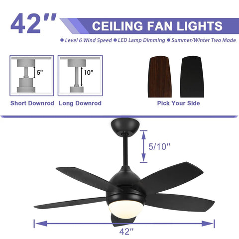 Coal Black DC Motor Ceiling Fan With Lights, Dope 42 Inch Modern Remote Control Ceiling Fan With 6 Speeds And 3 Light Colors, Indoor Outdoor Use For Bedroom, Living Room, Patio, featuring interchangeable downrods and blades.