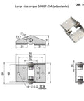 304 stainless steel high-torque damping hinge; adjustable free-stop; front engineering drawing and hinge photo.