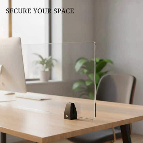 Durable Aluminum Alloy Glass Partition Mount Clip For Office Desk Dividers And Screens, Black Finish, on wooden desk
