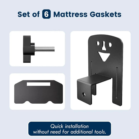 Adjustable Non Slip Mattress Grips Six Piece Set with hardware components for easy setup, including clips and gaskets for mattress stability.