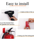 Installation steps for 2 Pack Fire Extinguisher Holder And 4 Sign Stickers, showing drill, mounting bracket, and extinguisher