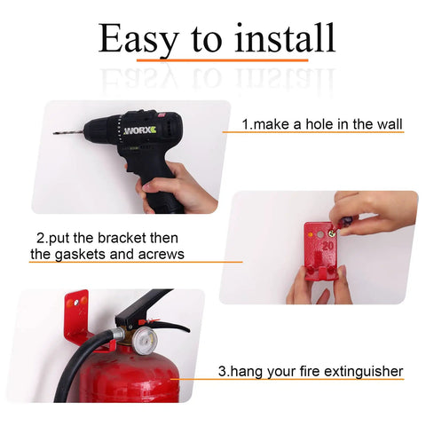 Installation steps for 2 Pack Fire Extinguisher Holder And 4 Sign Stickers, showing drill, mounting bracket, and extinguisher