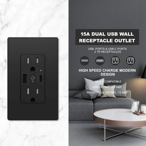 Image of Dual Type C And Type A USB Wall Outlet With 4.8A Fast Charging For All Your Devices, 15 Amp 125 Volt, in black color.