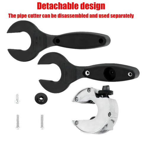 Ratcheting Tubing Cutter For Tight Spaces One Quarter To Seven Eighths Inch Two In One Close Quarters Tube Cutter For PVC PPR And Plastic Hoses Includes Gloves with detachable design, wrenches, and screws visible.